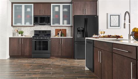 dark brown cabinets with black stainless steel appliances|black stainless steel kitchen cabinets.